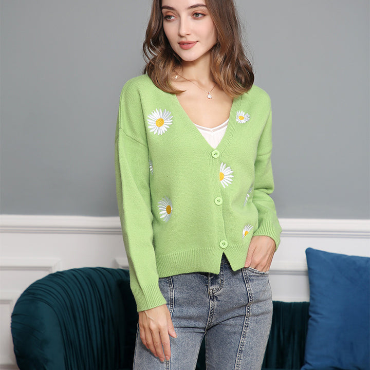 Women Short Cut V-Neck Knit Cardigan with Embroidered Daisies and Ribbed Cuffs Mune Fashion