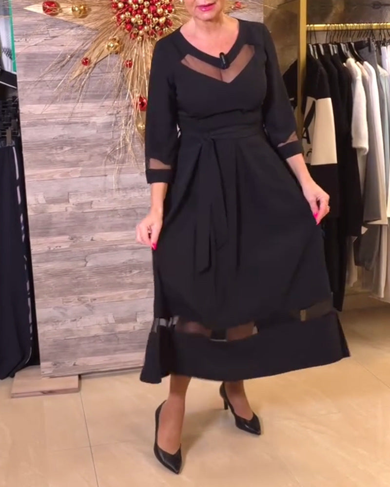 Women's fitted midi dress with transparent mesh inserts, tie belt and feminine A-line Mune Fashion