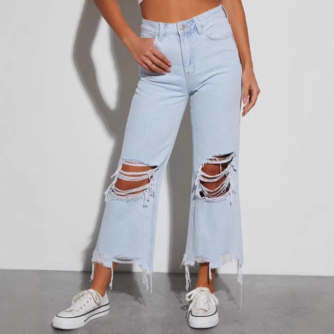 Women's nan cropped wide jeans with high waist, frayed hem and heavy knee ripping Mune Fashion