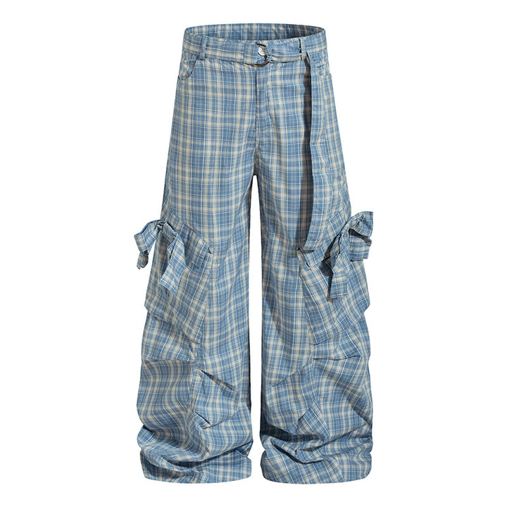 Women checked high-cut cargo pants with wide legs and ruffled pockets Mune Fashion