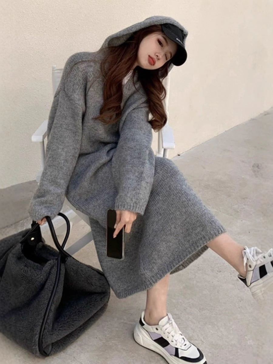 Women Long Hoodie Knit Dress Made of Wool Blend with Relaxed Oversize Silhouette and Ribbed Hem Mune Fashion