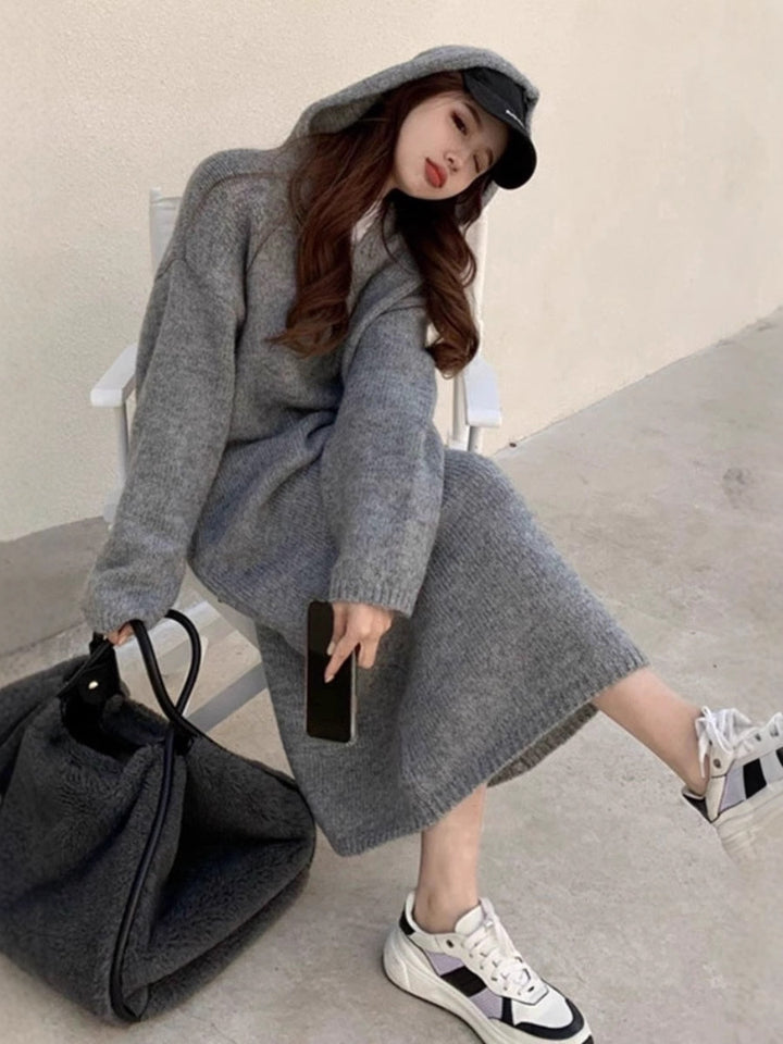 Women Long Hoodie Knit Dress Made of Wool Blend with Relaxed Oversize Silhouette and Ribbed Hem Mune Fashion