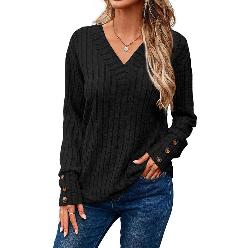 Women's Ribbed V-Neck Knit Sweater with Button Cuffs Mune Fashion