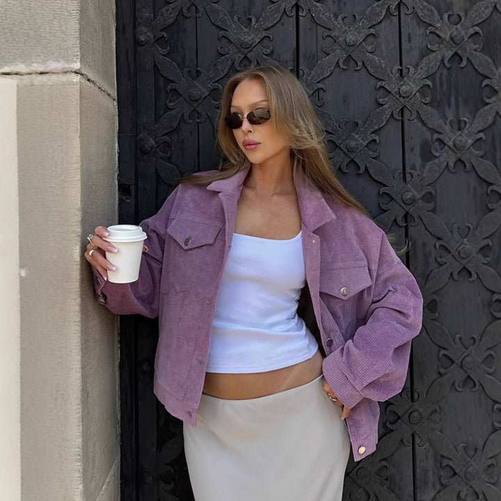 Women’s Oversize Cord Jacket in Cropped Cut with Flap Pockets and Boxy Silhouette Mune Fashion