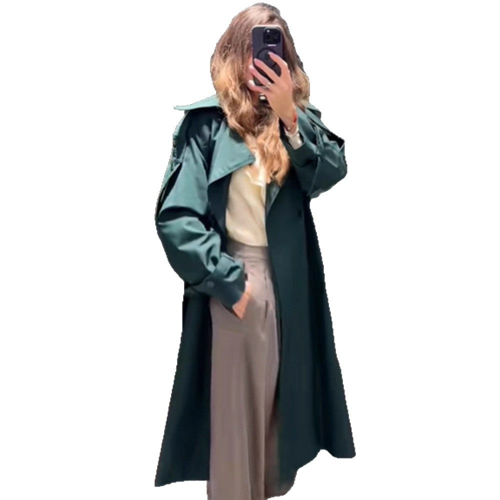 Women Long Water-Repellent Trench Coat with Waist Belt and High Stand Collar Mune Fashion