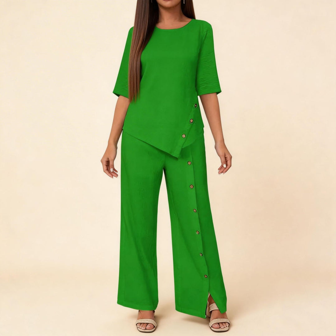 Women's asymmetric two-piece lounge set with 3/4 sleeves and side button decoration Mune Fashion