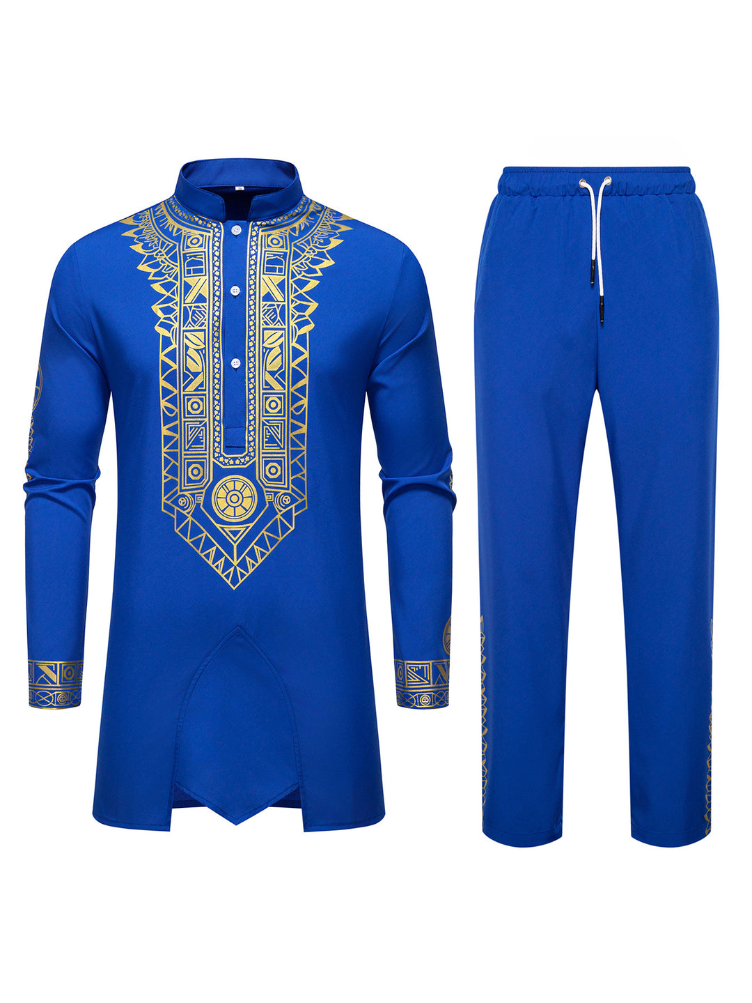 Men's Traditional Long Sleeve Kurta Set with Stand Collar, Gold Ornament Print and Drawstring Pants Mune Fashion