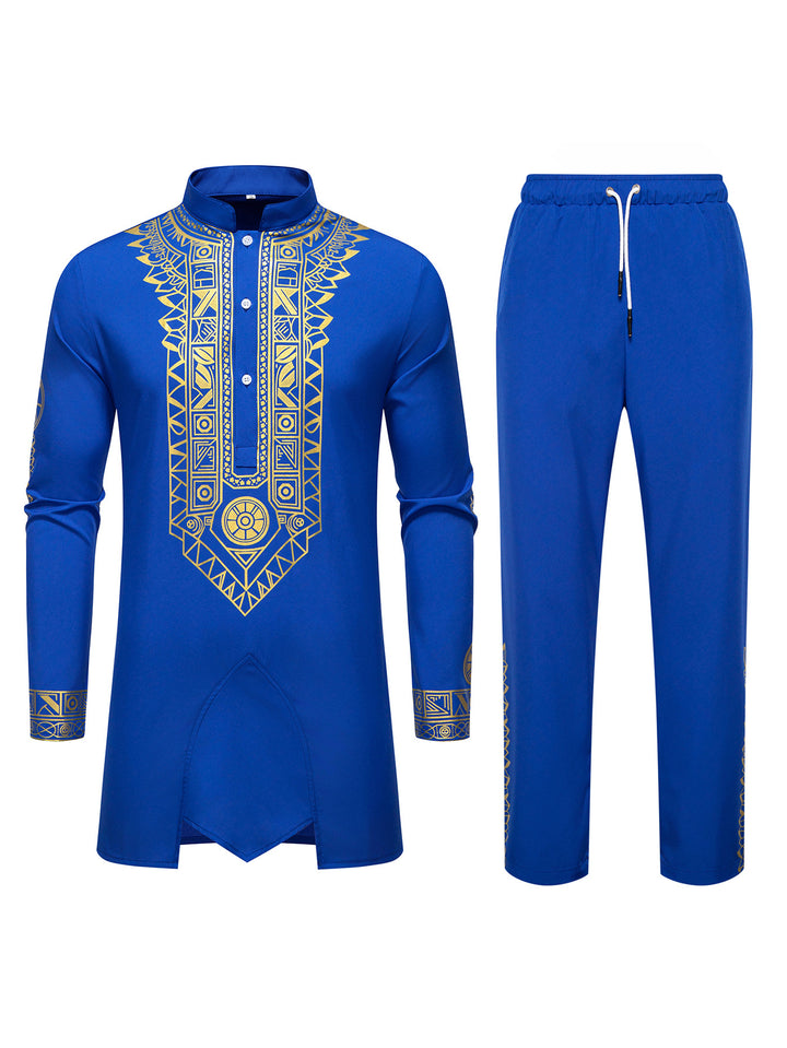 Men's Traditional Long Sleeve Kurta Set with Stand Collar, Gold Ornament Print and Drawstring Pants Mune Fashion