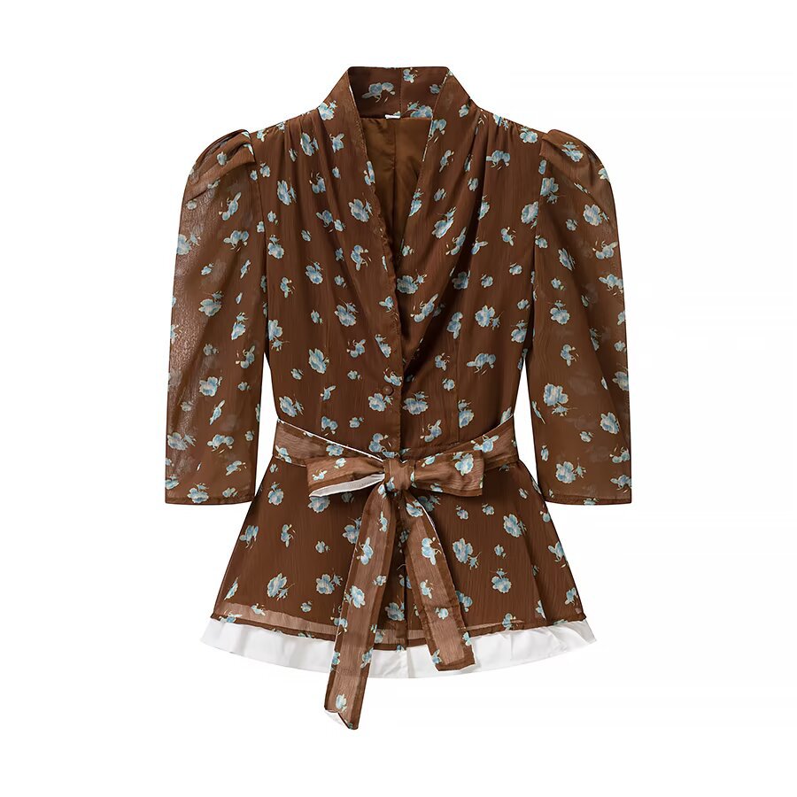 Women's wrap blouses-two-piece with peplum and straight midi skirt made of chiffon-like material Mune Fashion