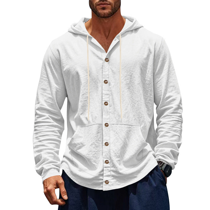 Men's button-closed hooded shirt jacket made of lightweight cotton blend with kangaroo pocket Mune Fashion