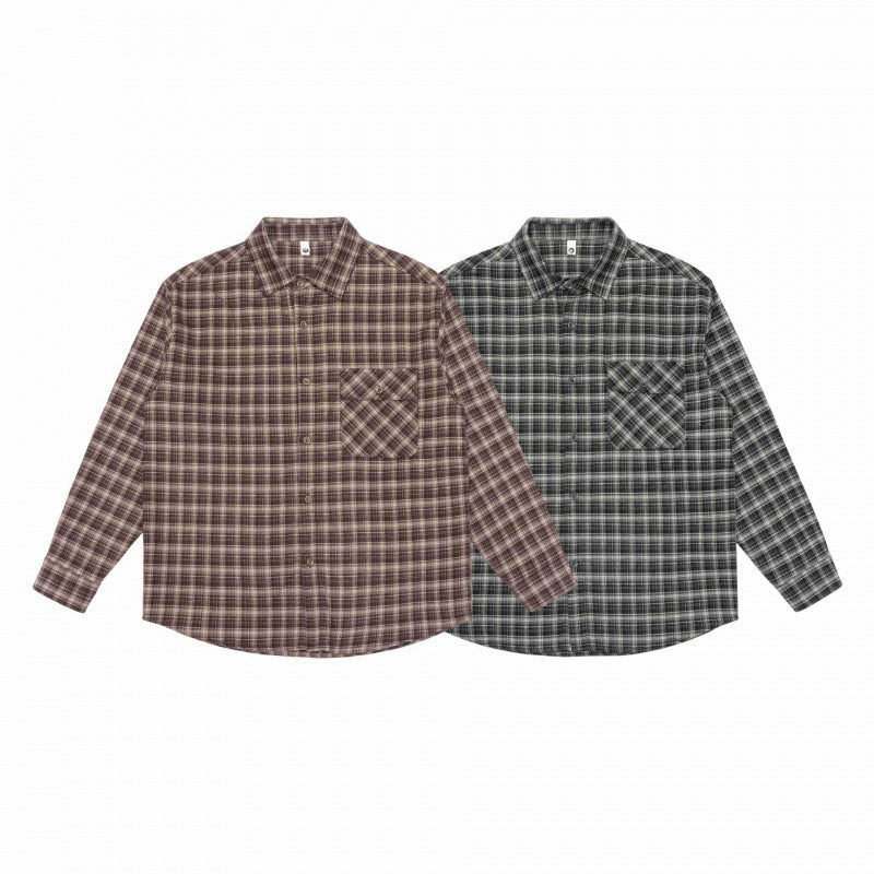 Men's Loose-Fitting Checked Flannel Shirt with Patch Chest Pocket and Rounded Hem Mune Fashion