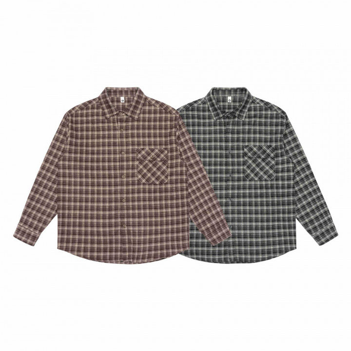 Men's Loose-Fitting Checked Flannel Shirt with Patch Chest Pocket and Rounded Hem Mune Fashion