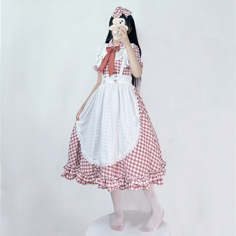 Women's Nano Vintage-Inspired Lolita Dress with Checkered Pattern Ruffles and Removable Apron Mune Fashion