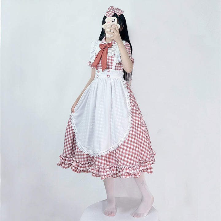 Women's Nano Vintage-Inspired Lolita Dress with Checkered Pattern Ruffles and Removable Apron Mune Fashion