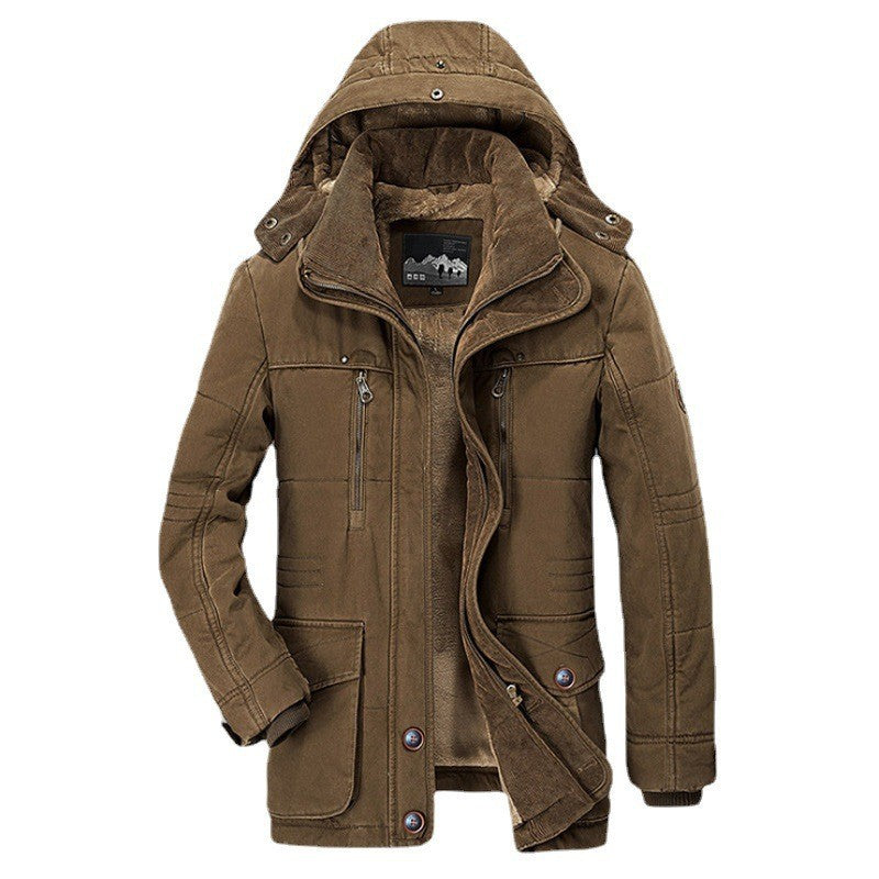 Men's Arctic-inspired field parka with corduroy inner collar, detachable hood, and multifunctional pockets.