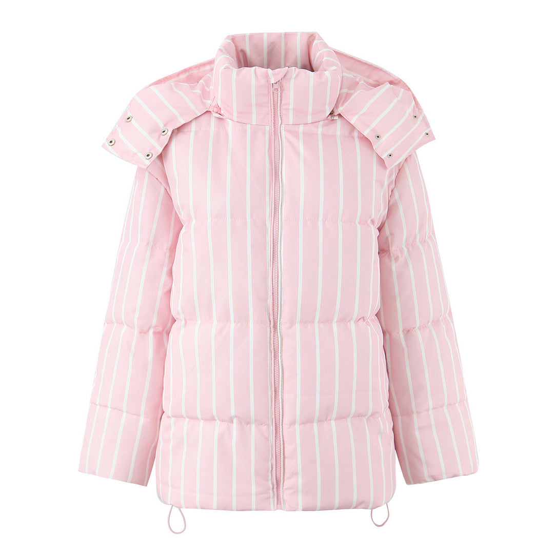 Women's Quilted Puffer Jacket with Removable Hood Trim, High Stand Collar and Vertical Stripe Pattern Mune Fashion