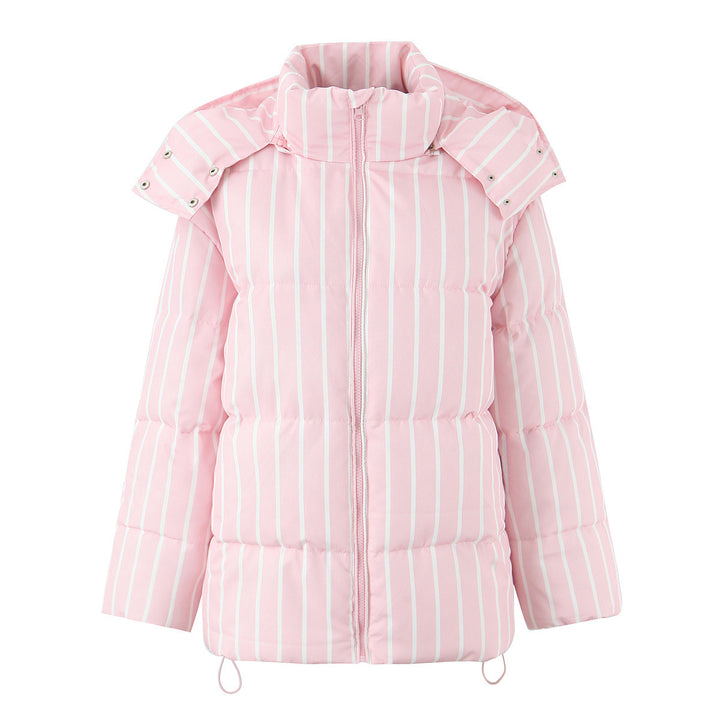 Women's Quilted Puffer Jacket with Removable Hood Trim, High Stand Collar and Vertical Stripe Pattern Mune Fashion