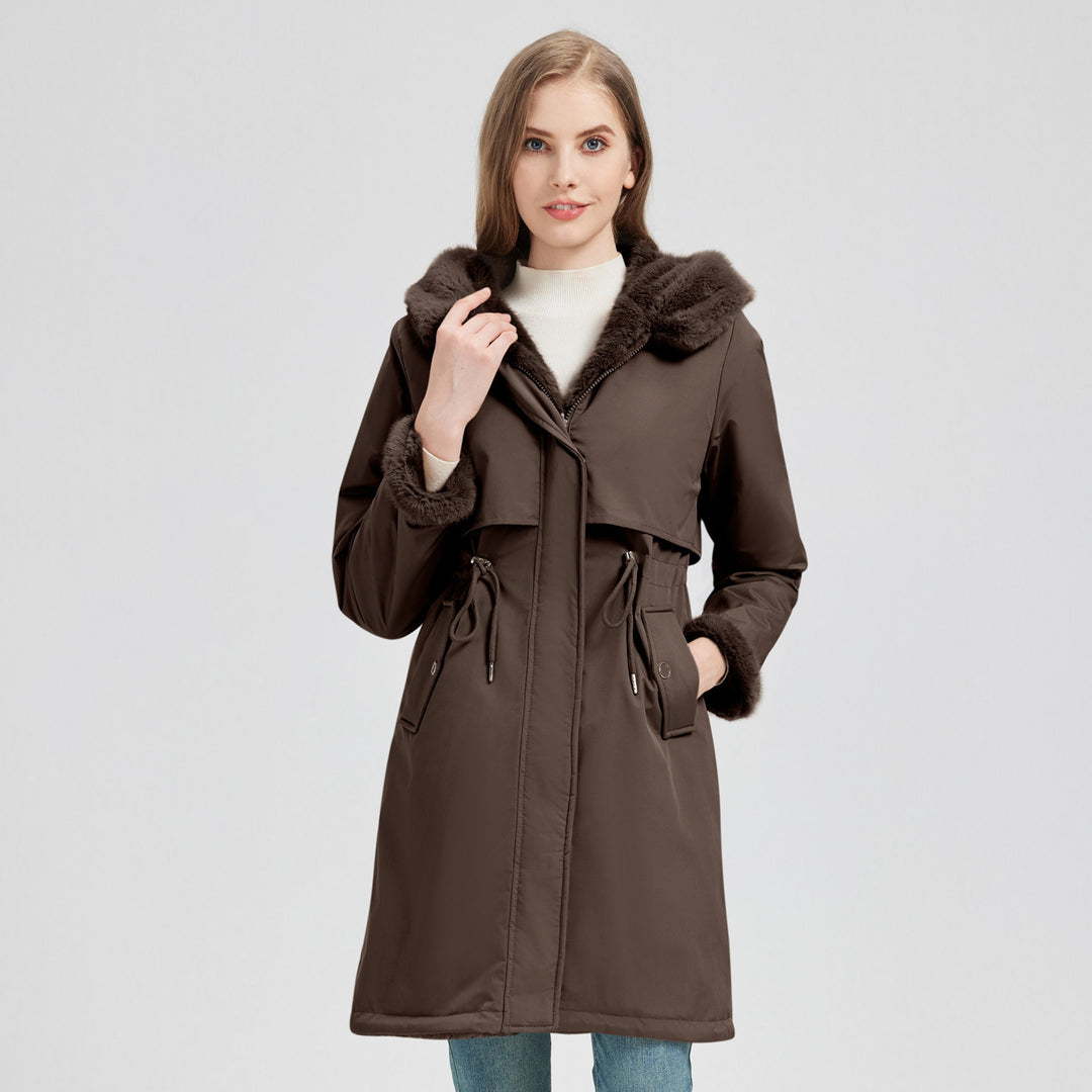 Women's tailored long thermal parka with faux fur trim on hood and sleeves as well as drawstring waist Mune Fashion