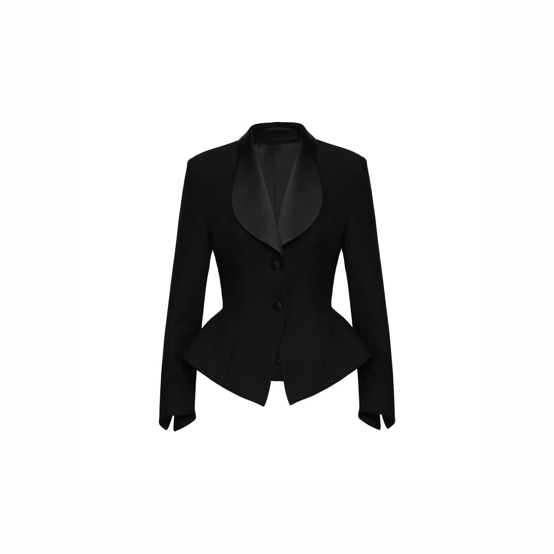 Women Tailored Blazer with Peplum Satin Shawl Collar and Slim Silhouette Mune Fashion