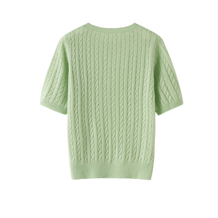 Women Short-Sleeve Knitted Sweater with Cable Pattern and Fine Round Neck Mune Fashion