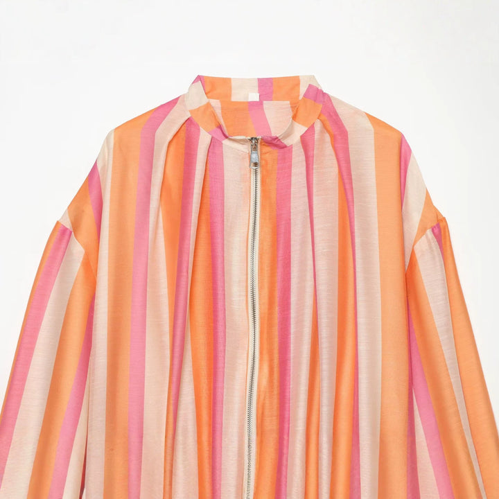 Women's Lightweight Striped Satin Bomber Jacket with Stand Collar and Balloon Sleeves Mune Fashion