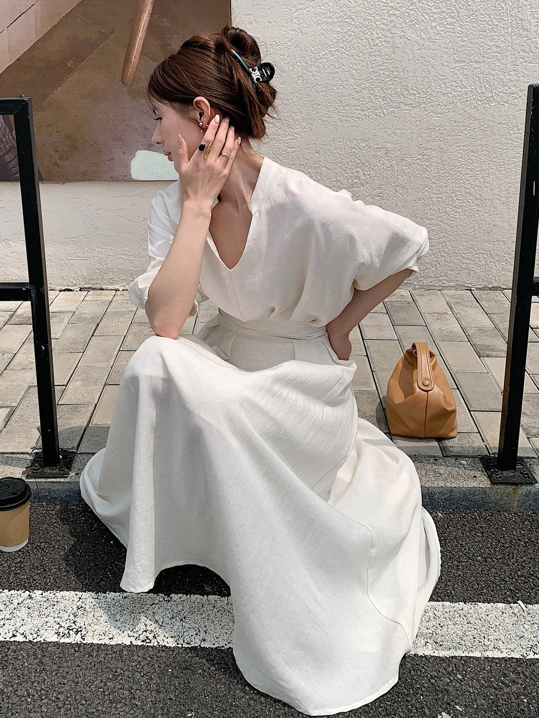 Women Linen Blend Midi Dress with V-Neck, fitted waist and wide sleeves Mune Fashion