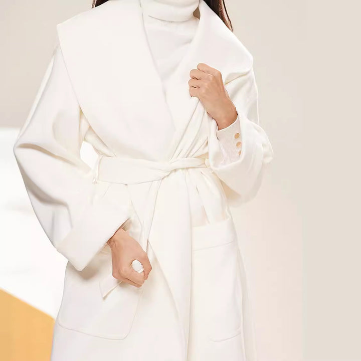 Women Long Oversized Wrap Coat with Generous Shawl Collar and Tie Belt Mune Fashion
