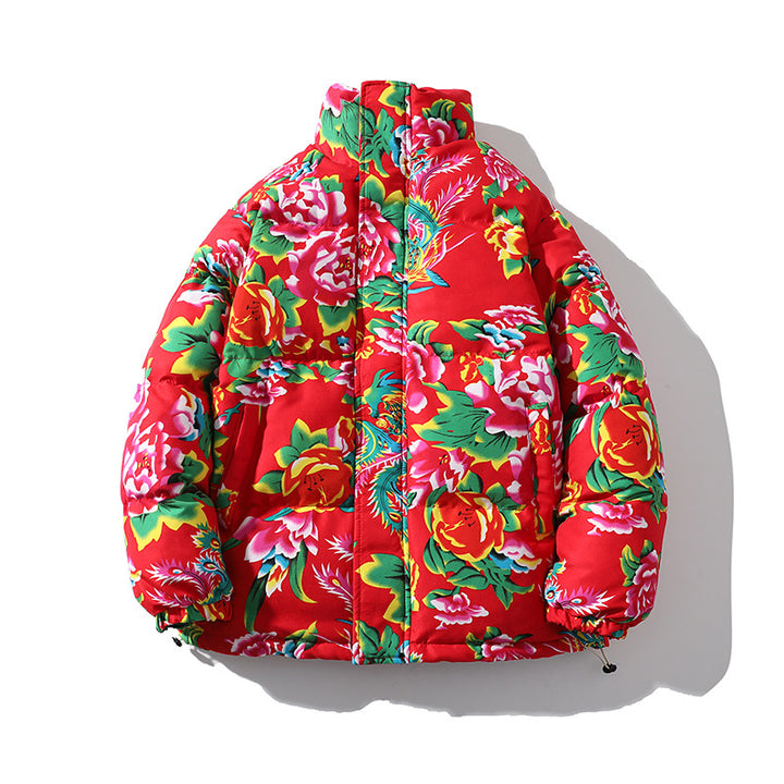 Women’s Padded Quilted Puffer Jacket with Large Floral Print and Stand Collar Mune Fashion