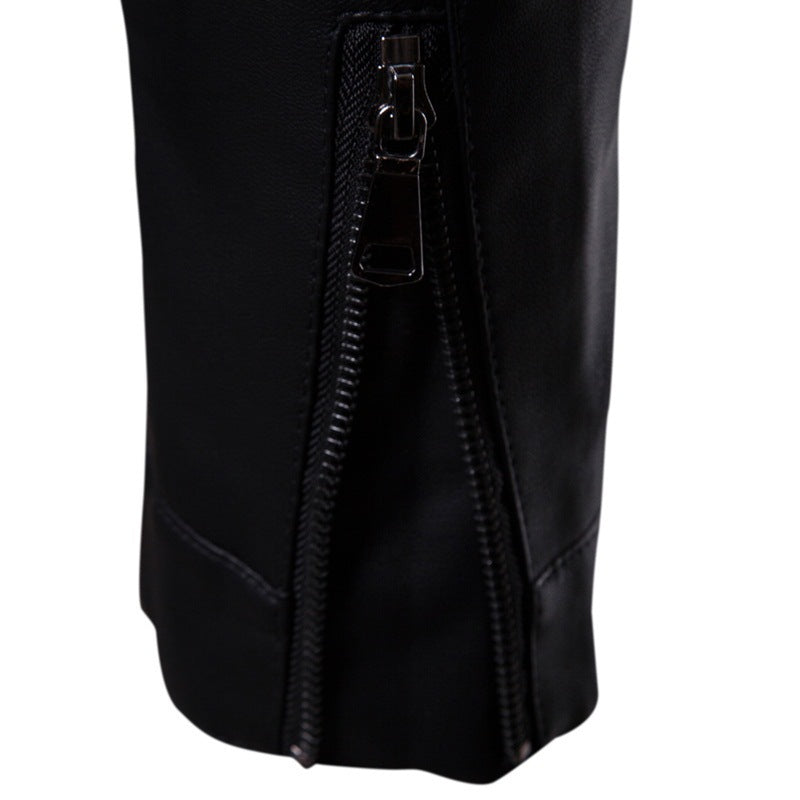 Men's Slim Faux Leather Biker Jacket with Stand Collar and Concealed Zipper Mune Fashion