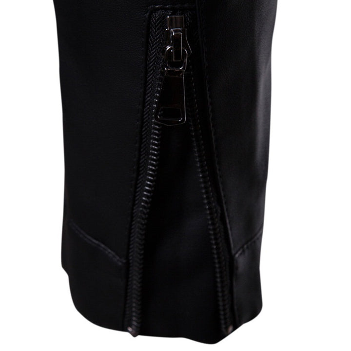 Men's Slim Faux Leather Biker Jacket with Stand Collar and Concealed Zipper Mune Fashion