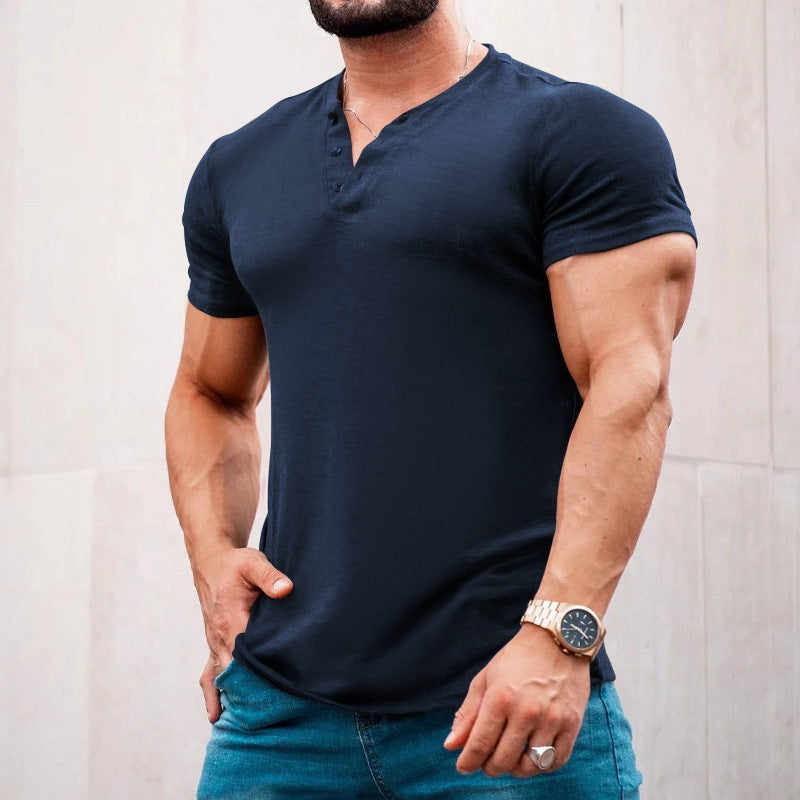 Men's muscle-fitting short-sleeve shirt with button placket and V-neck made of cotton stretch Mune Fashion