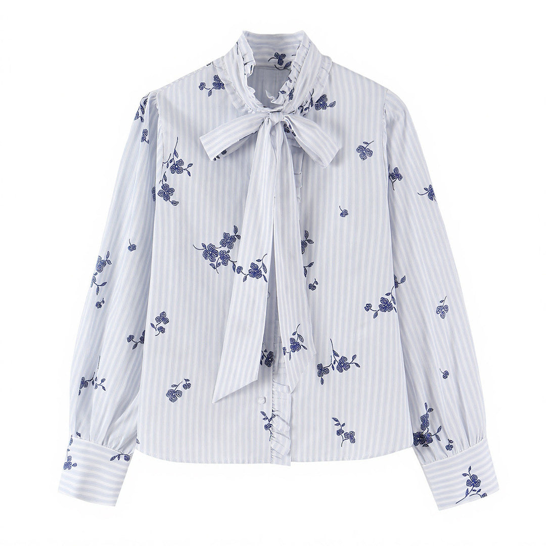 Women's sweater blouse with bow collar, ruffle yoke and floral embroidery Mune Fashion