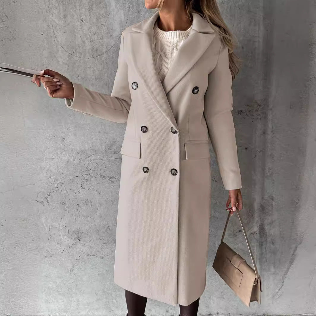 Women's Double-Breasted Midi-Length Wool Coat with Notch Lapel and Tailored Silhouette Mune Fashion