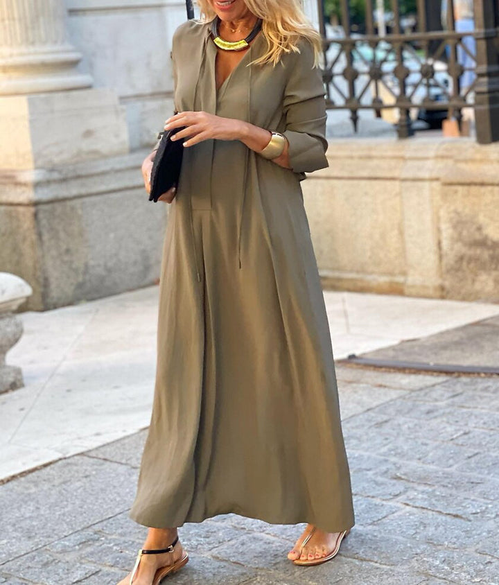 Ladies Maxi Dress with V-Neck, Long Sleeve, Loose A-Line Silhouette and Drawstring Mune Fashion