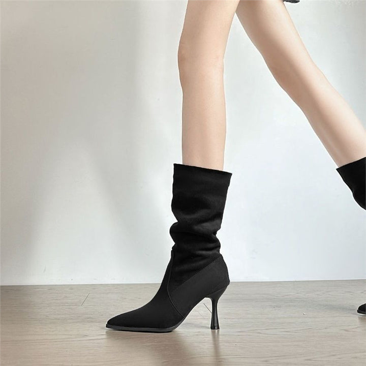 Women Mid-Calf Gathered Ankle Boots with Pointed Toe and Shaped Stiletto Mune Fashion