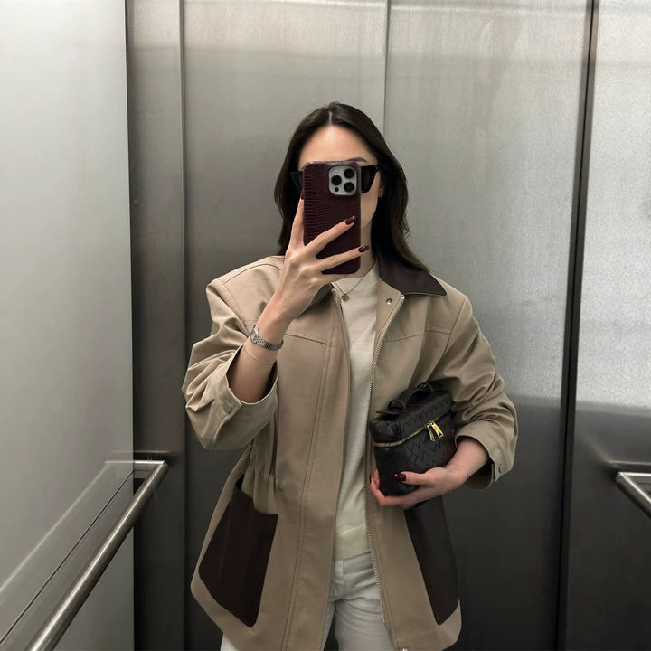 Women Boxy Field Jacket with contrast collar in leather look and appliqued pockets Mune Fashion