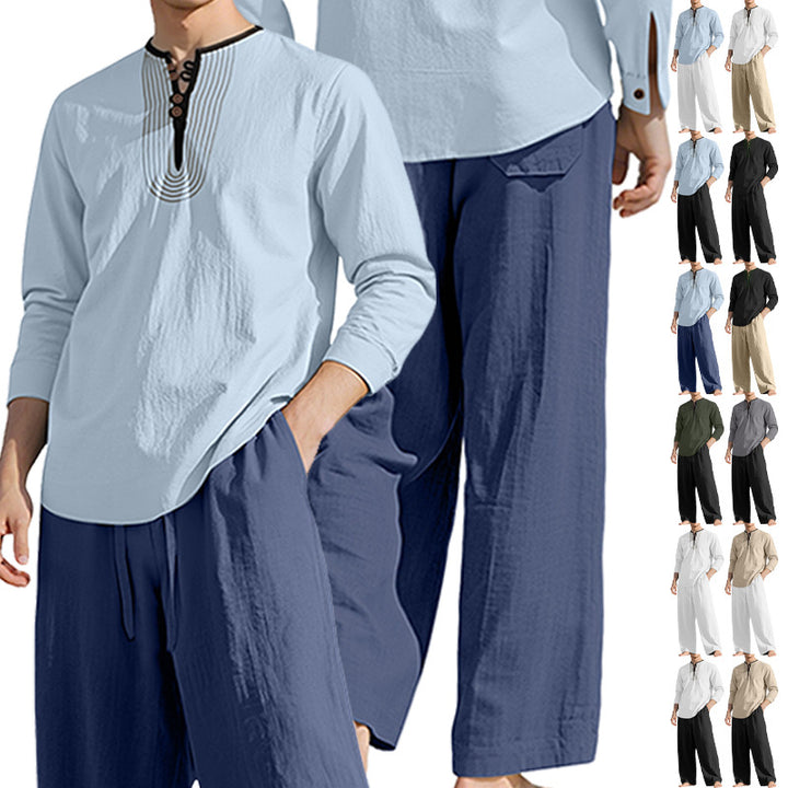 Men's tunic and Palazzo pants set with Henley placket, decorative embroidery and wide cut Mune Fashion