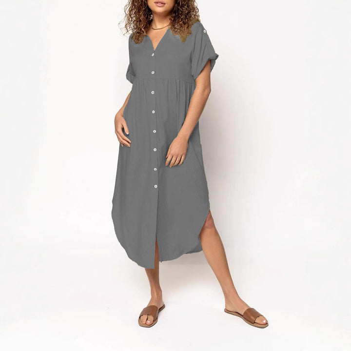 Ladies mid dress with button placket, V-neck and casual babydoll fit Mune Fashion