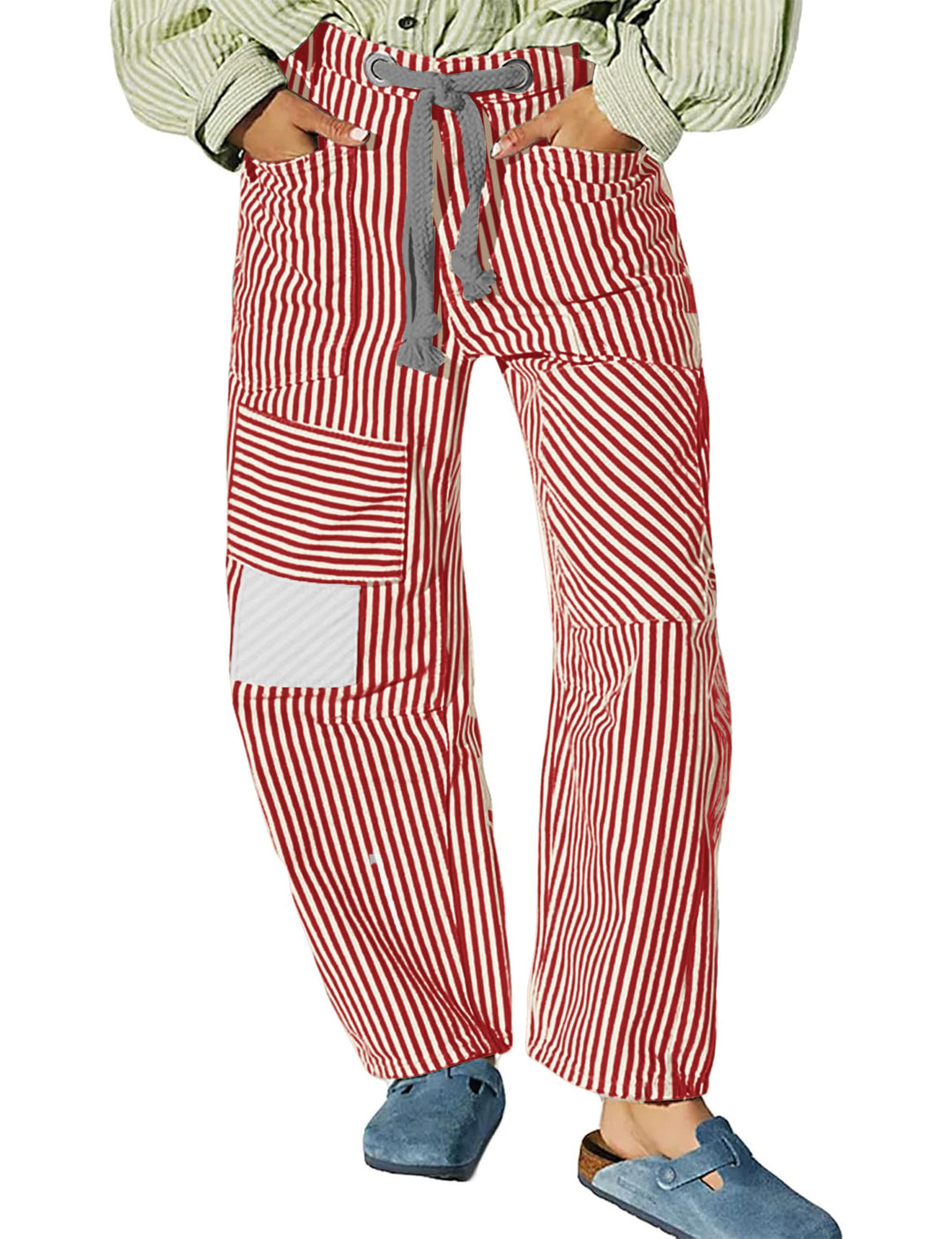 Women casual striped linen pants with drawstring and patch pockets Mune Fashion