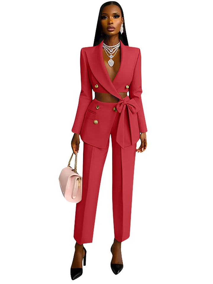Ladies Tailored Crop Blazer with Decorative Bow, Double Breasted and High Waisted Pants Mune Fashion