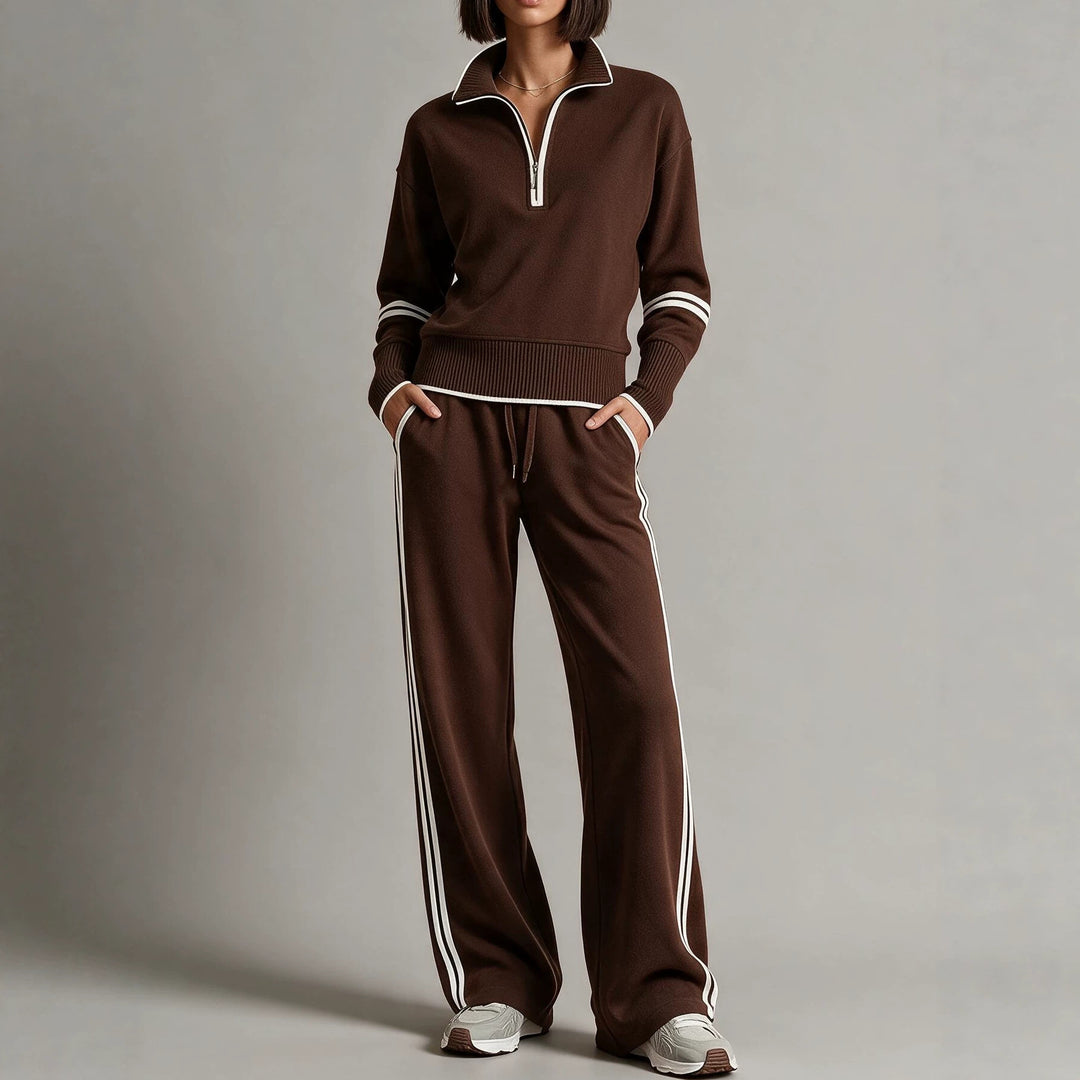 Women's Comfortable Knit Jogging Set with Stand-Up Collar, Half Zipper and Contrast Stripes Mune Fashion