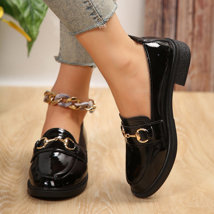 Ladies Patent Leather Platform Loafer with Gold Horsebit Detail and Low Block Heel Mune Fashion