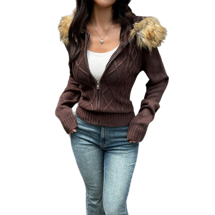 Ladies fitted cable pattern cardigan with full zip and detachable faux fur hood Mune Fashion