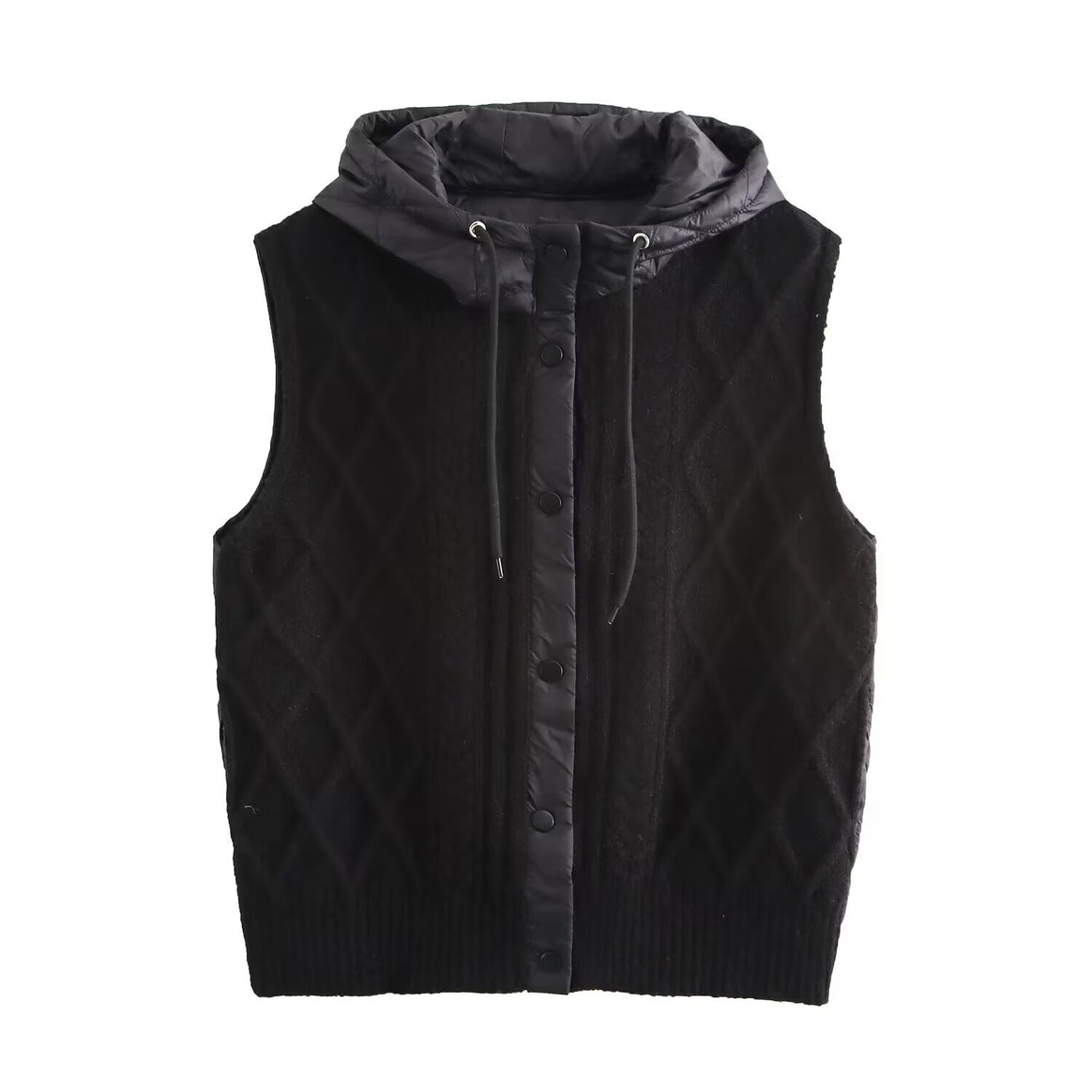 Women's sleeveless knitted vest with quilted hood and snap button placket Mune Fashion