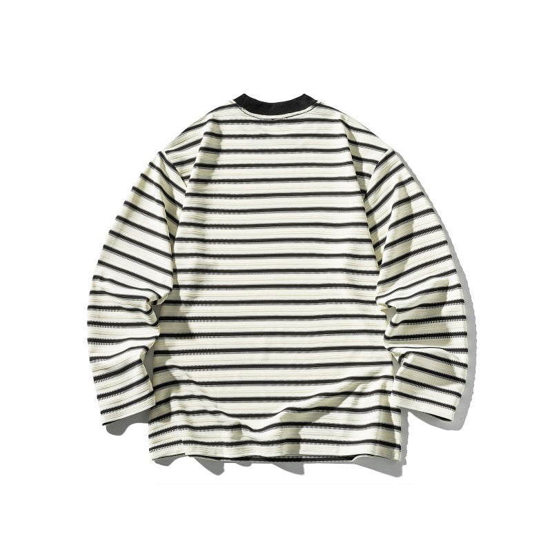 Unisex Striped Oversized Long Sleeve Shirt made of Cotton Blend with Ribbed Round Neck