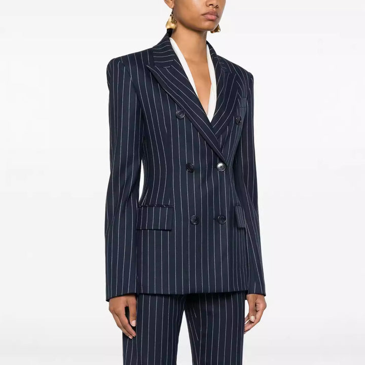 Women's Pinstripe Double-Breasted Blazer with High-Waist Flared Pants Mune Fashion