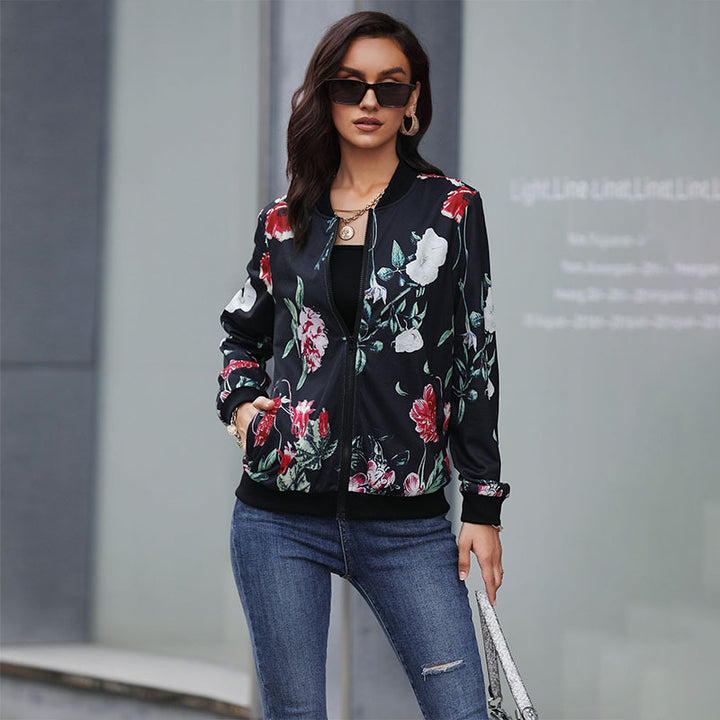 Women's floral bomber jacket with zipper, ribbed cuffs, and side pockets Mune Fashion