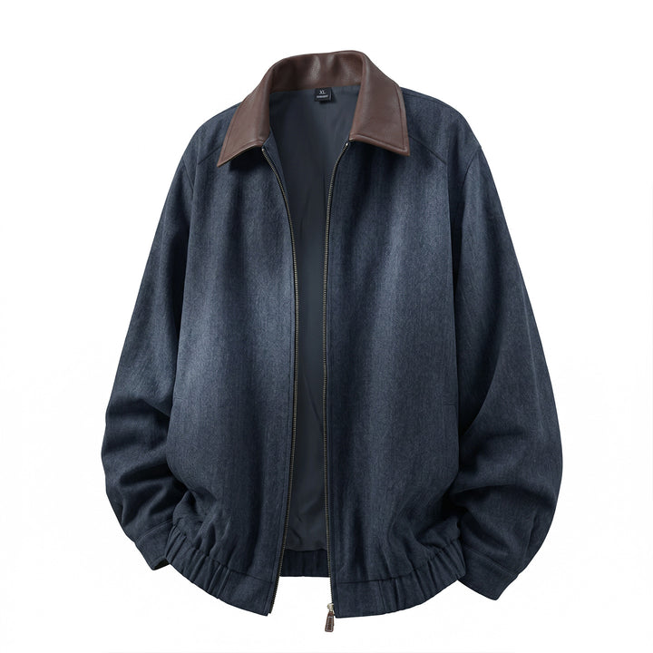 Men's Oversized Denim Jacket with Leather Trim and Zipper Mune Fashion