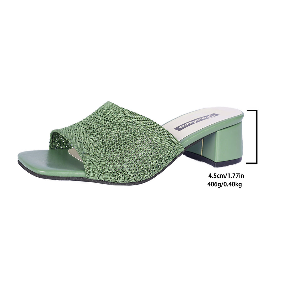 Women's airy knit slippers with square toe shape, padded comfort footbed, and mid-high block heel Mune Fashion