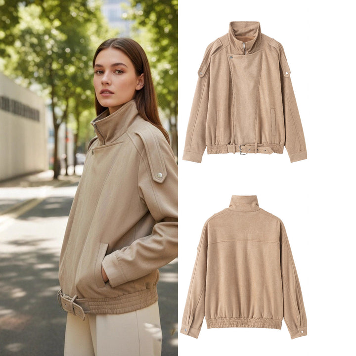 Women's short jacket in suede look with high stand-up collar, shoulder flaps and waist belt Mune Fashion